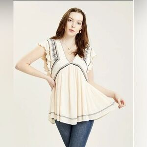 NWOT Free People Embroidered Falling Water Flutter-Sleeve Tunic, Ivory, Size M